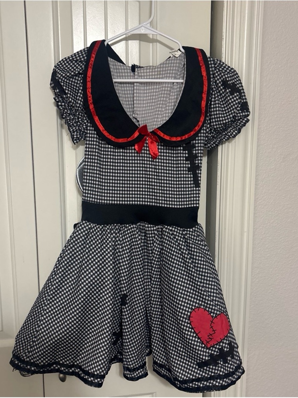 Black & White Gingham Halloween Doll Dress with Red Heart Accent